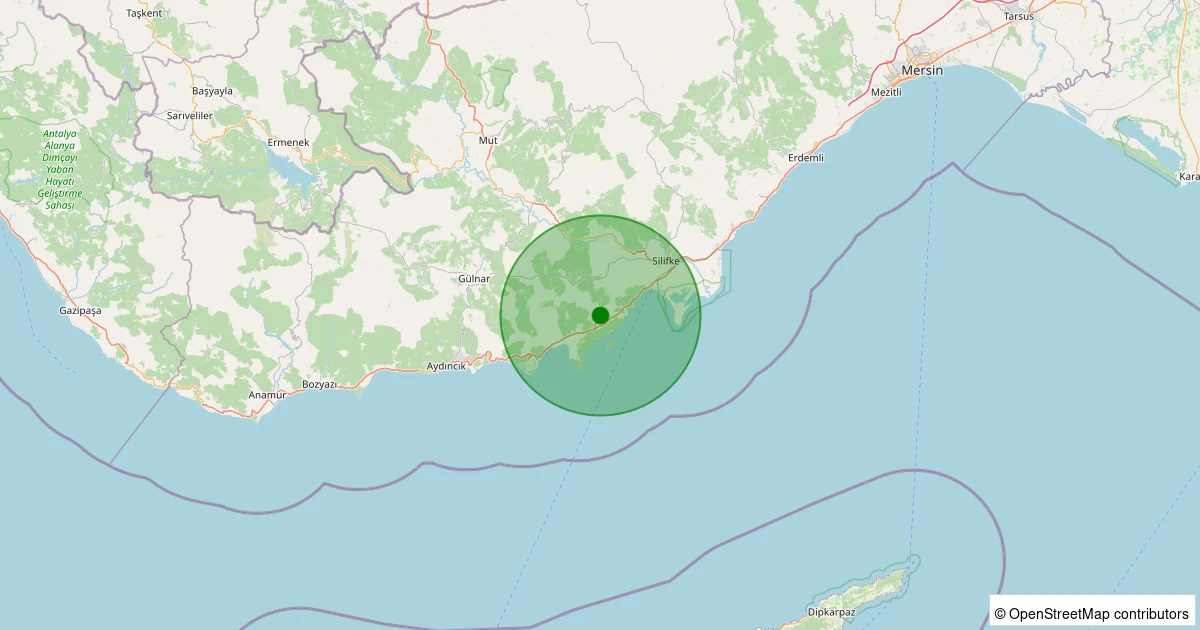 24 Ekim 2025 saat 11:52 - Silifke - Akdere - 1.10ml depreminin harita gösterimi