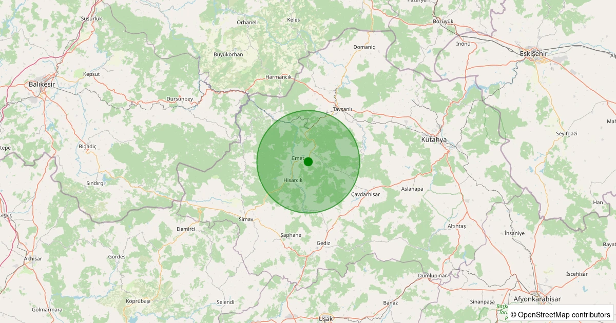 22 Ekim 2025 saat 13:07 - Emet - Bahatlar Köyü - 1.10ml depreminin harita gösterimi