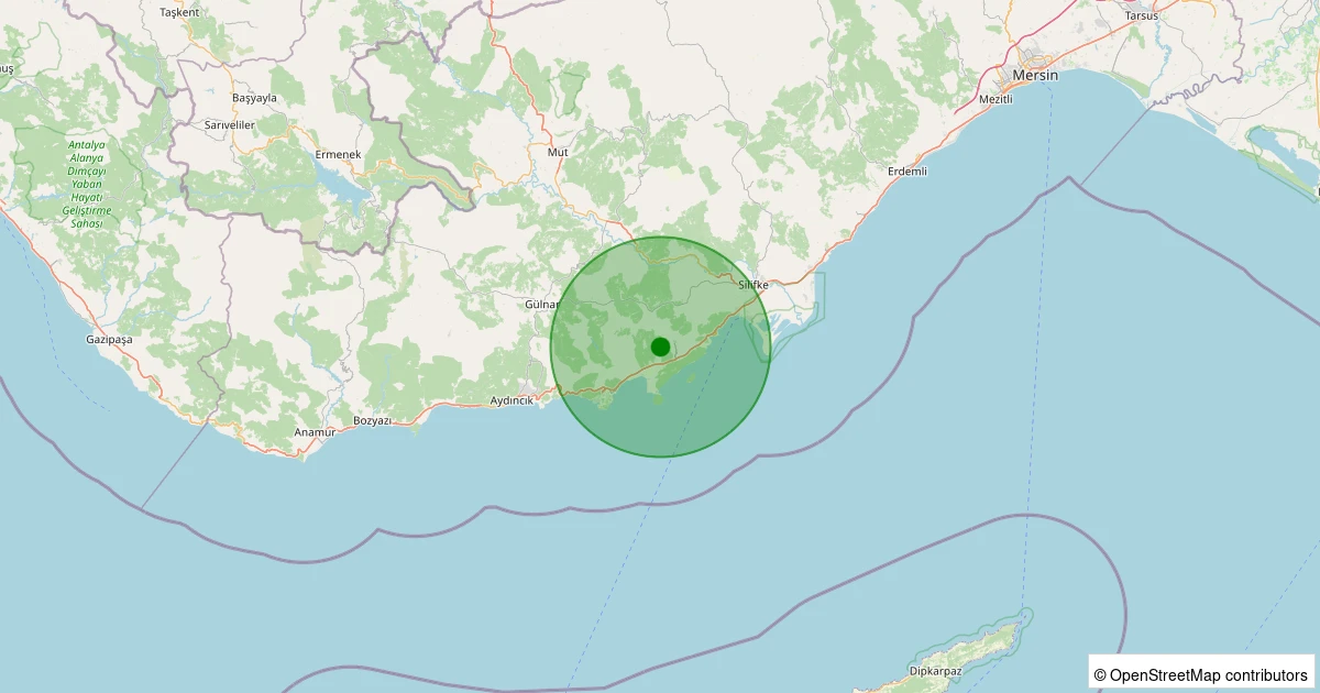 22 Ekim 2025 saat 11:59 - Silifke - Işıklı - 1.20ml depreminin harita gösterimi