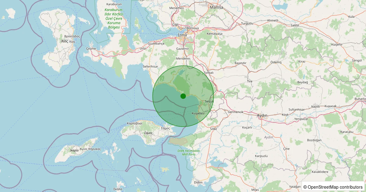 06 Ekim 2025 saat 04:59 - Ege Denizi - Kuşadası Körfezi - [03.45 km] Menderes - 2.80ML depreminin harita gösterimi
