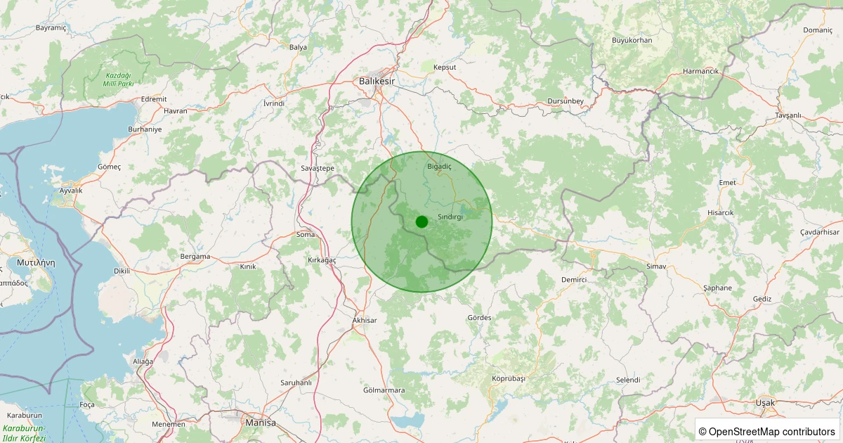 25 Ekim 2025 saat 09:39 - Sındırgı - Alakır - 1.20ml depreminin harita gösterimi