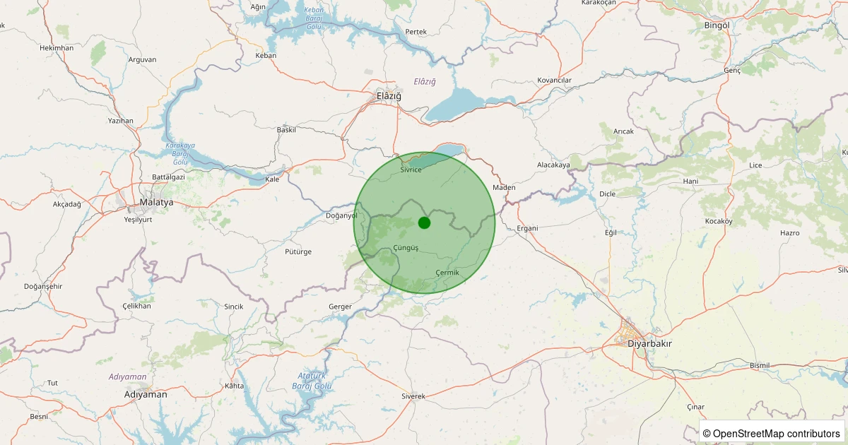 25 Ekim 2025 saat 19:23 - Çüngüş - Koçören Köyü - 1.00ML depreminin harita gösterimi