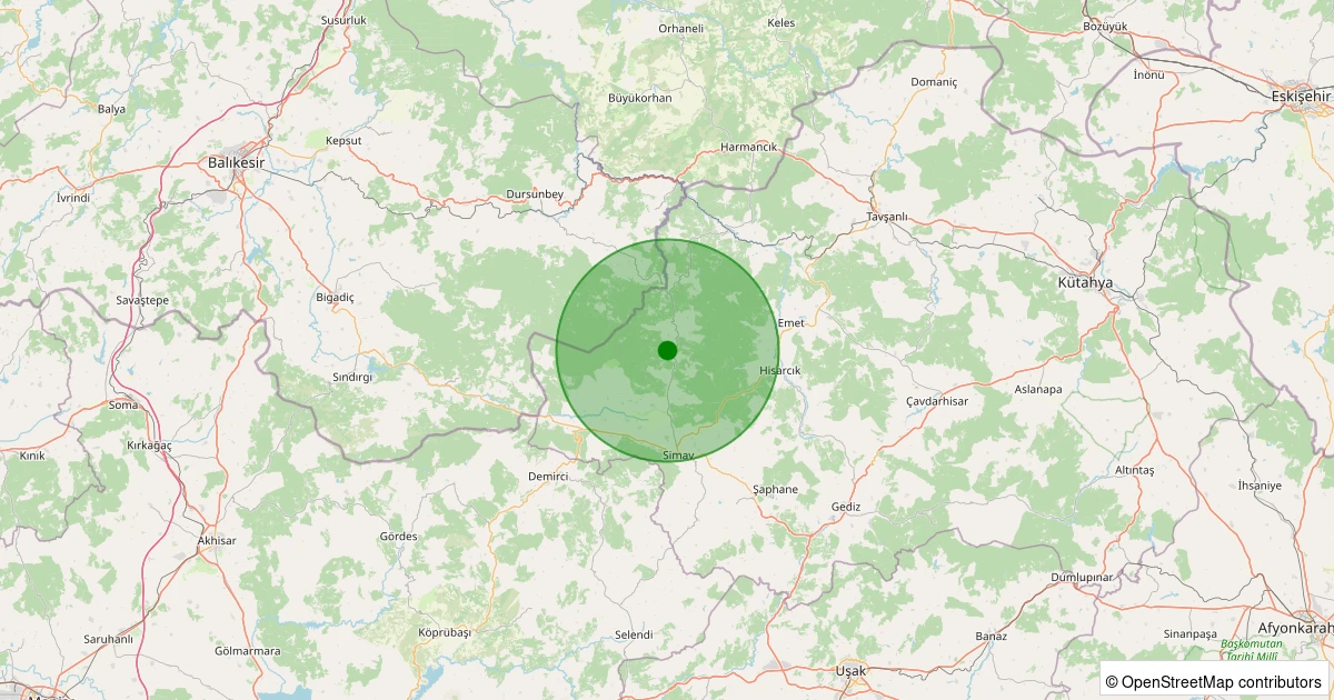 25 Ekim 2025 saat 20:11 - Simav - Ortacı Köyü - 1.90ml depreminin harita gösterimi
