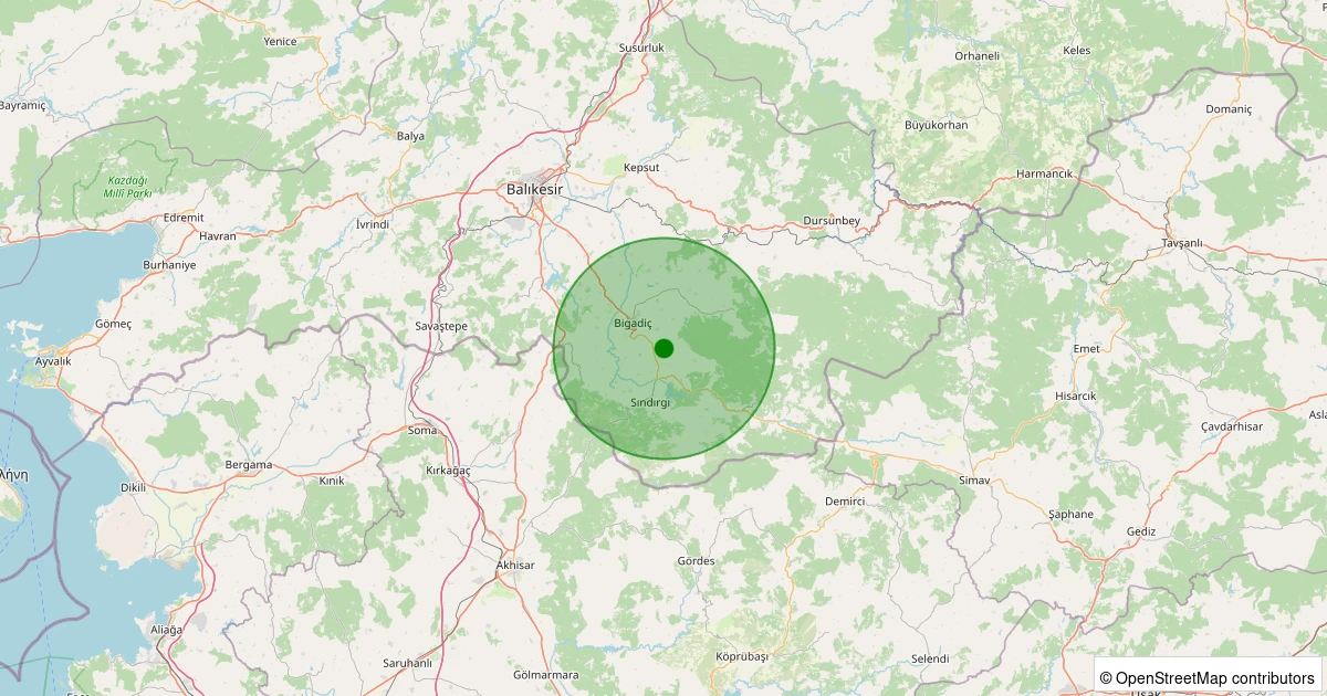 25 Ekim 2025 saat 21:13 - Sındırgı - Kocabey - 1.20ml depreminin harita gösterimi