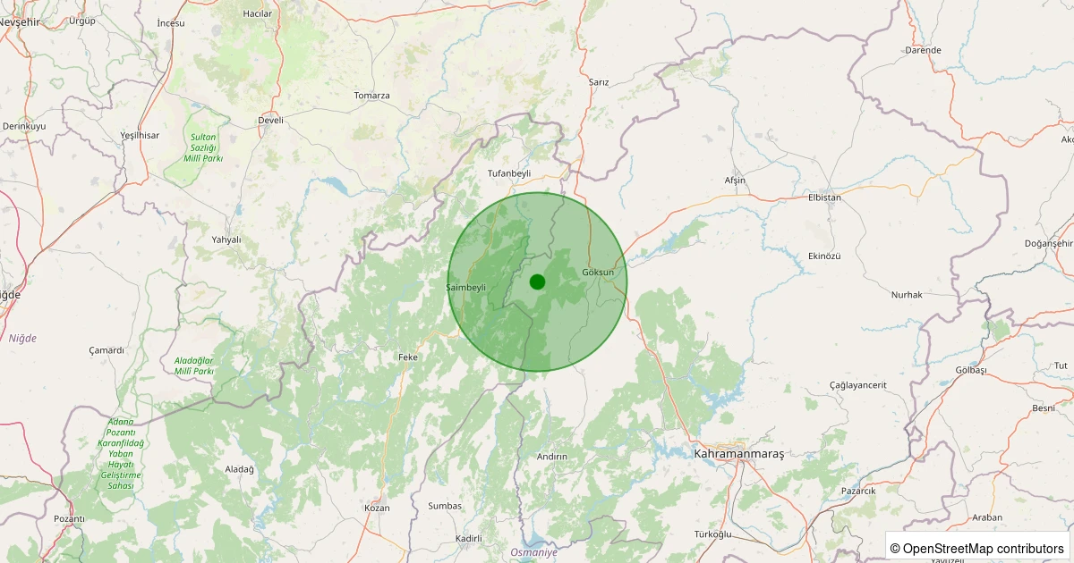 26 Ekim 2025 saat 02:39 - Göksun - Kaleboynu - 1.30ml depreminin harita gösterimi