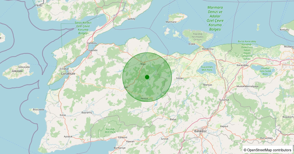 26 Ekim 2025 saat 12:11 - Biga - Kaynarca Köyü - 1.70ml depreminin harita gösterimi