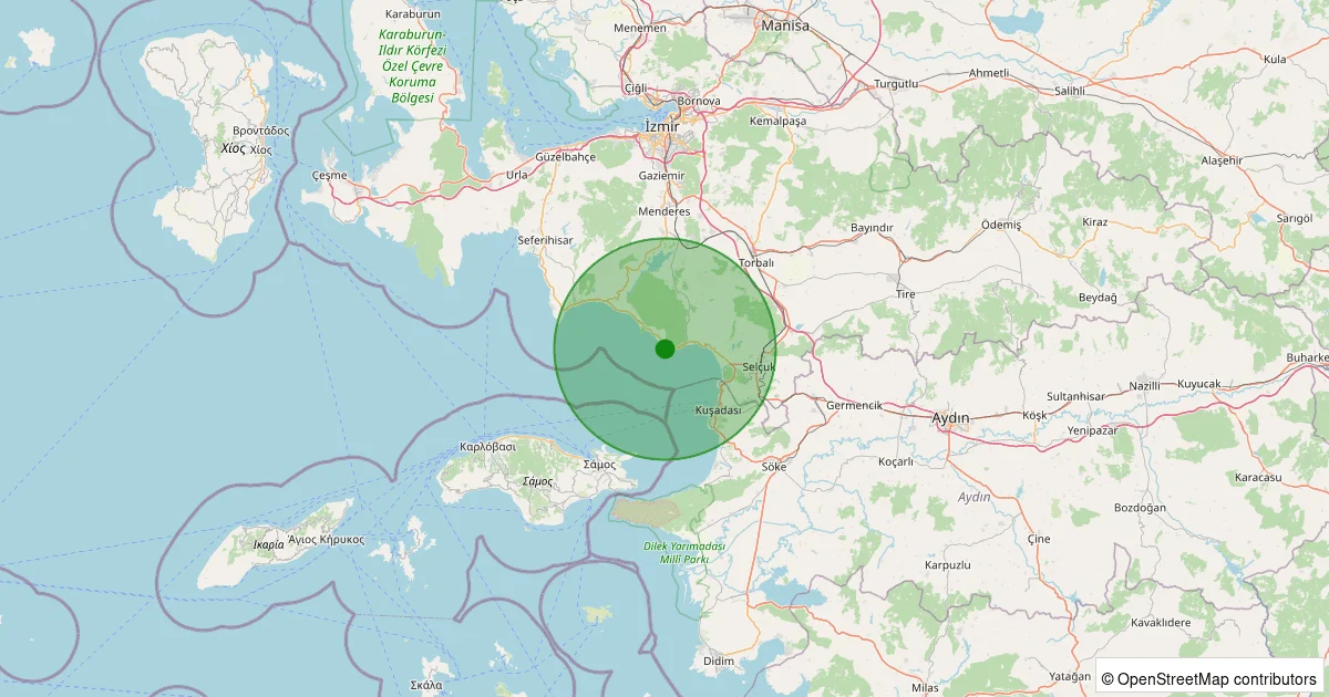 06 Ekim 2025 saat 10:22 - Ege Denizi - Kuşadası Körfezi - [03.59 km] Menderes - 2.00ML depreminin harita gösterimi