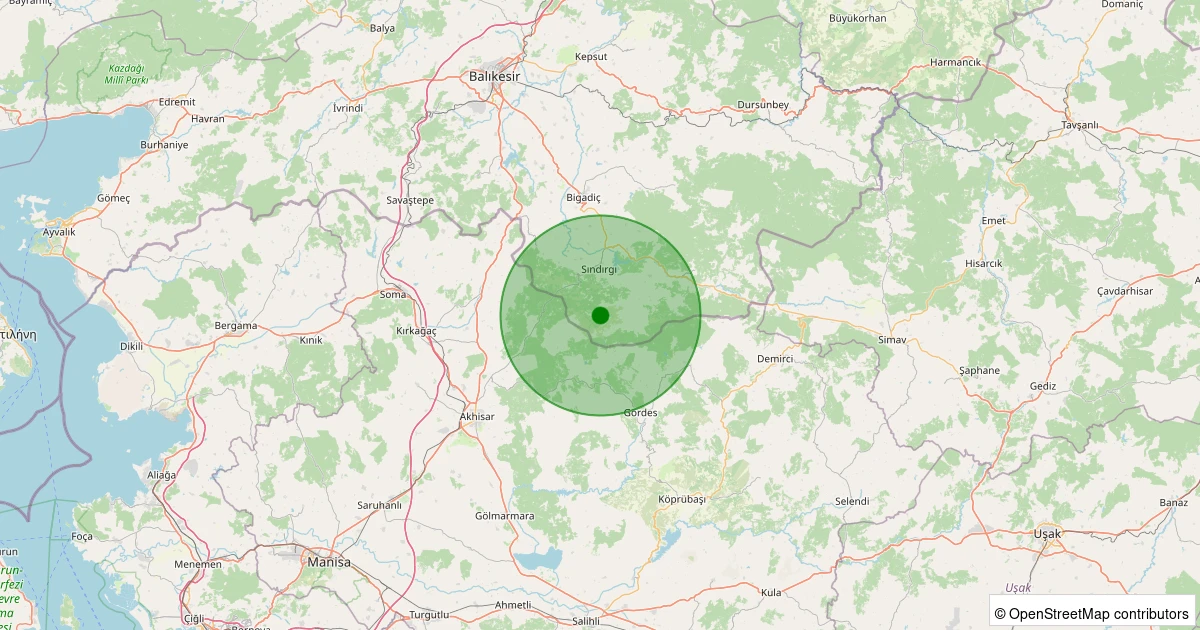 26 Ekim 2025 saat 21:27 - Sındırgı - Kınık - 1.00ml depreminin harita gösterimi