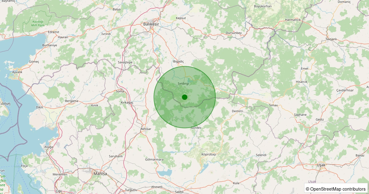 26 Ekim 2025 saat 23:34 - Sındırgı - Kınık - 0.90ML depreminin harita gösterimi
