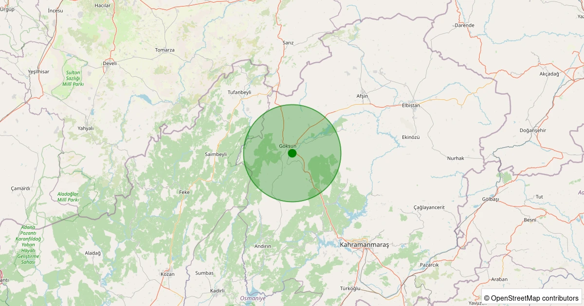 27 Ekim 2025 saat 00:12 - Göksun - Kireç - 1.50ml depreminin harita gösterimi