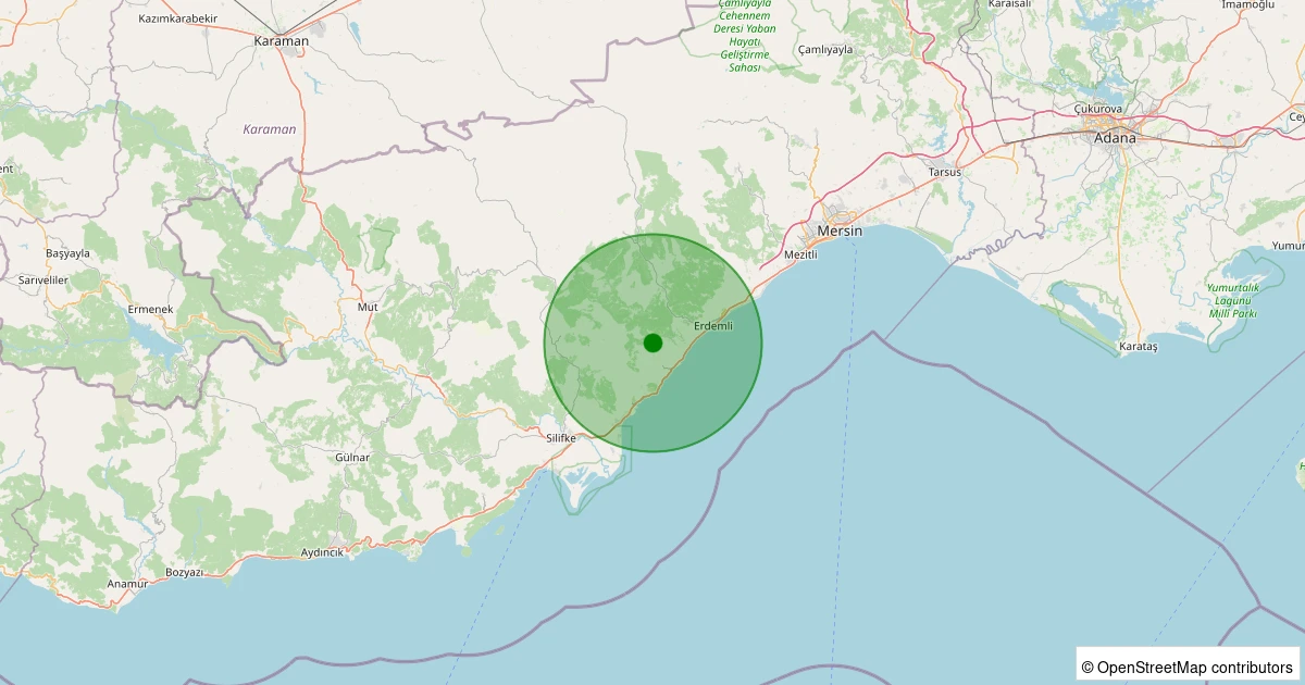 27 Ekim 2025 saat 13:08 - Erdemli - Batısandal - 1.30ML depreminin harita gösterimi