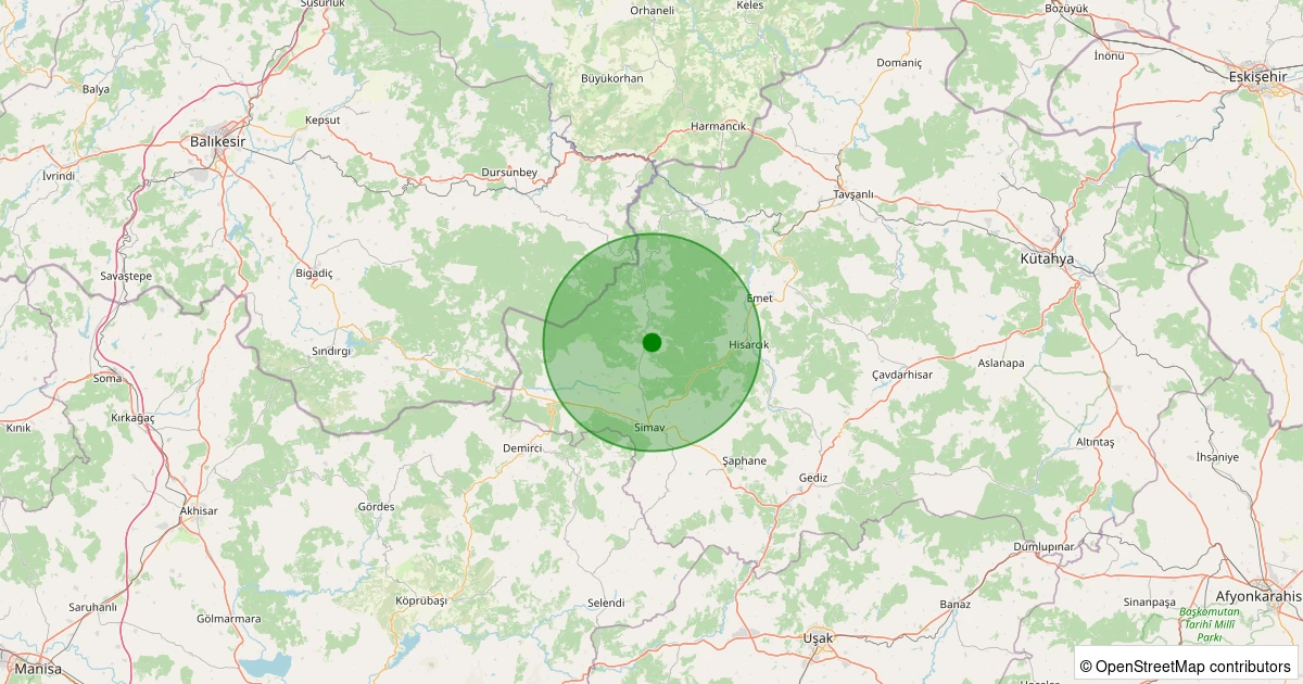 27 Ekim 2025 saat 21:38 - Simav - Maden Köyü - 1.60ml depreminin harita gösterimi