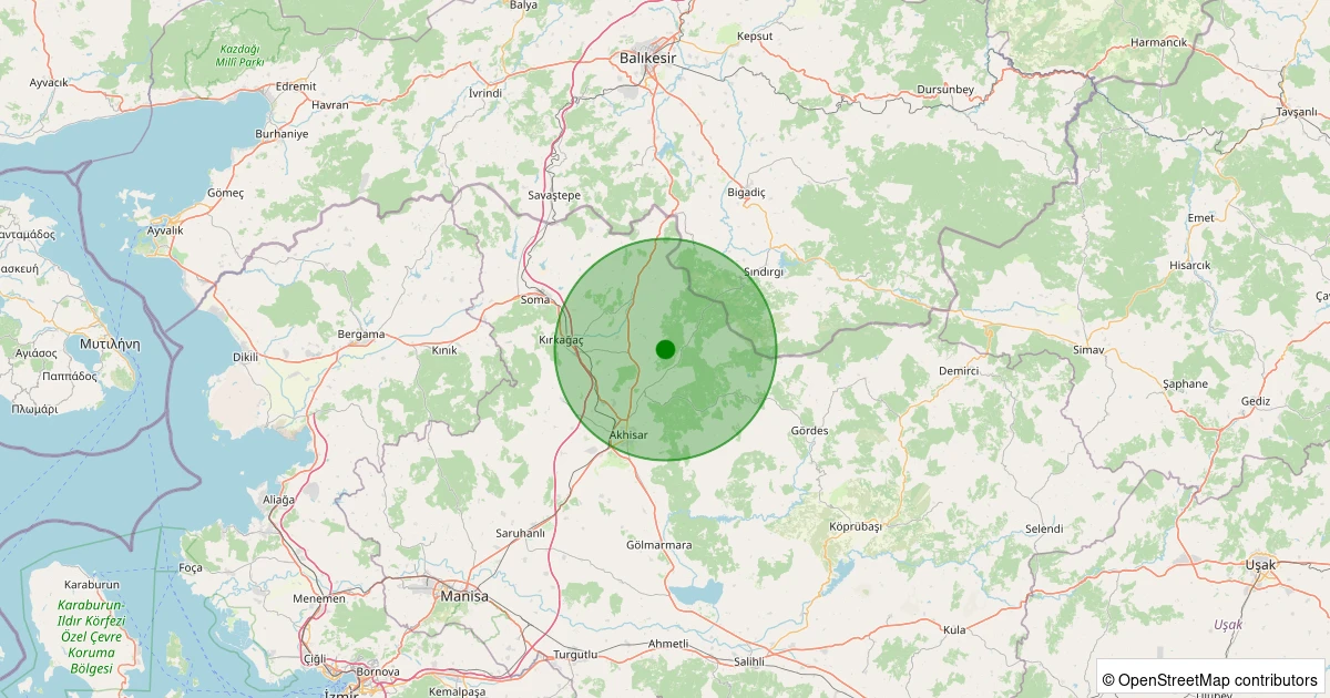 28 Ekim 2025 saat 00:33 - Akhisar - Çanakçı Köyü - 1.00ml depreminin harita gösterimi
