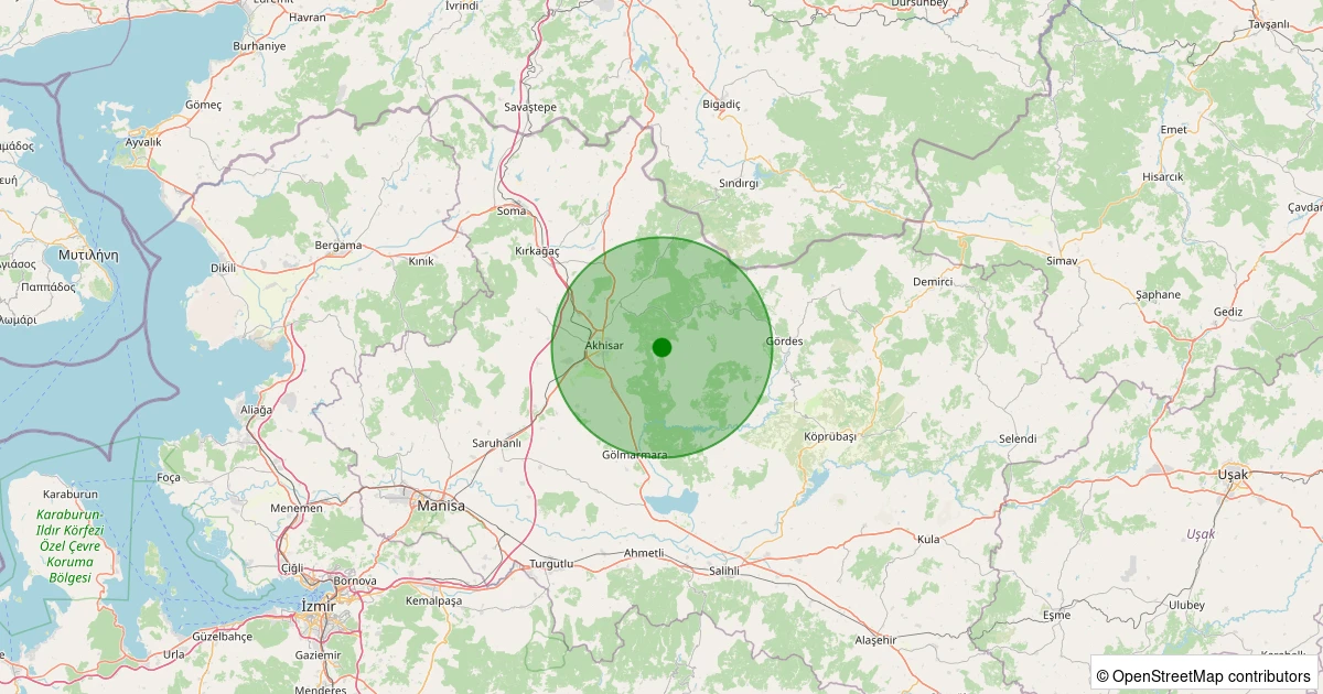 28 Ekim 2025 saat 00:33 - Akhisar - Ulupınar Köyü - 1.50ml depreminin harita gösterimi