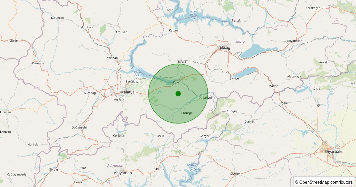 28 Ekim 2025 saat 05:25 - Pütürge - Bölükkaya Köyü - 0.80ML depreminin harita gösterimi