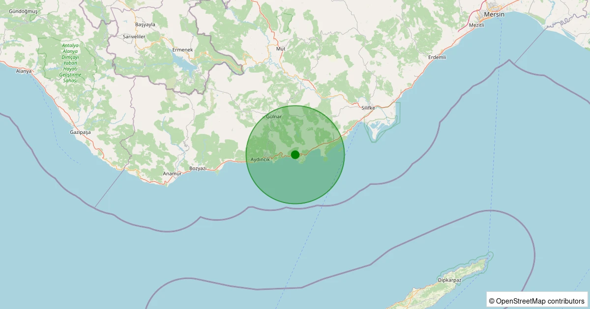 27 Ekim 2025 saat 13:35 - Gülnar - Yanışlı - 1.00ml depreminin harita gösterimi