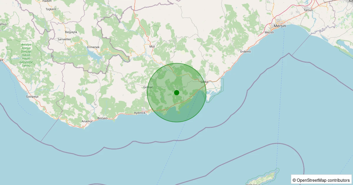 27 Ekim 2025 saat 12:49 - Silifke - Akdere - 1.00ml depreminin harita gösterimi