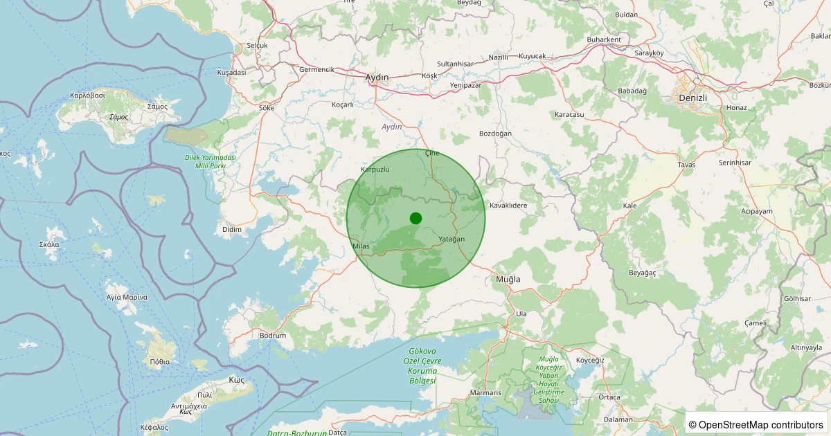 27 Ekim 2025 saat 12:19 - Yatağan - Kırıkköy - 1.20ml depreminin harita gösterimi