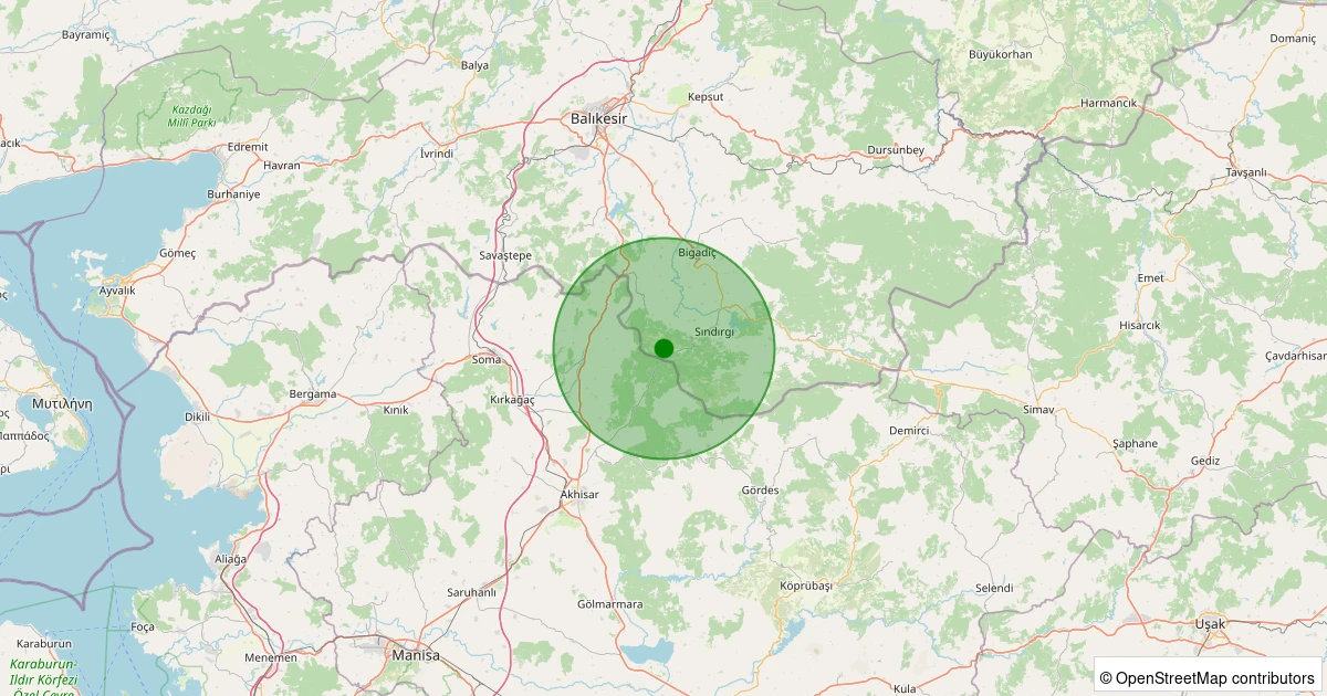 26 Ekim 2025 saat 21:00 - Sındırgı - Alakır - 1.10ml depreminin harita gösterimi