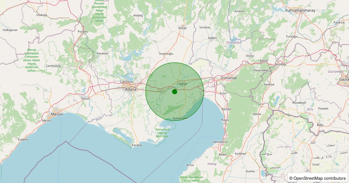 25 Ekim 2025 saat 19:59 - Ceyhan - Ağaçpınar - 1.50ml depreminin harita gösterimi