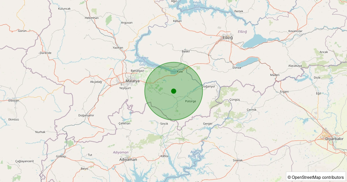 28 Ekim 2025 saat 22:49 - Pütürge - Çayköy Köyü - 1.70ml depreminin harita gösterimi