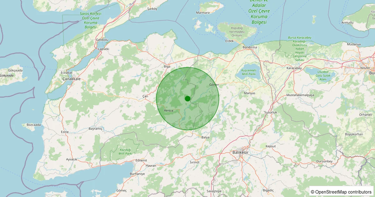 07 Ekim 2025 saat 11:20 - Yenice - Ballıçay Köyü - 1.30ml depreminin harita gösterimi