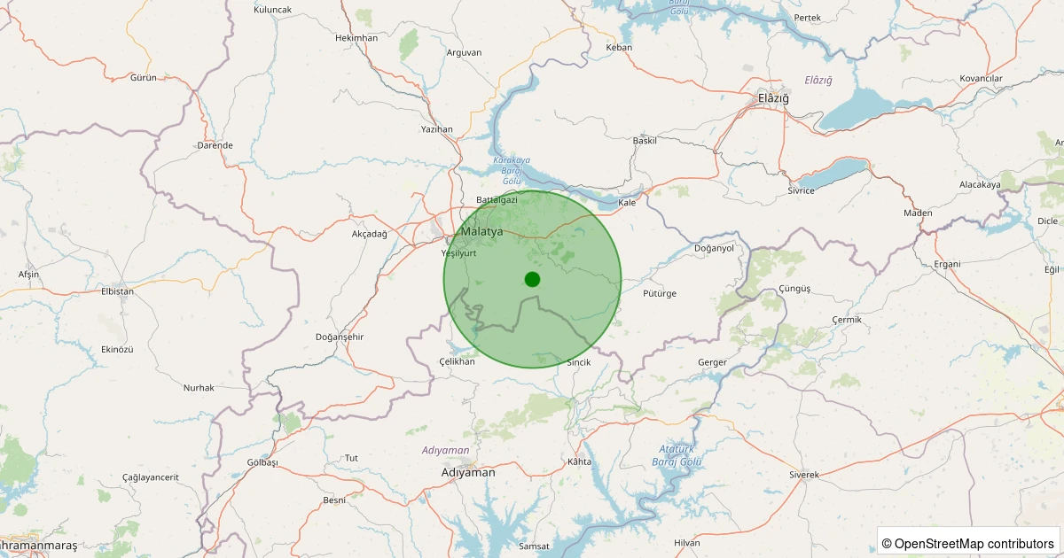29 Ekim 2025 saat 21:58 - Battalgazi - Uluköy Köyü - 1.50ml depreminin harita gösterimi