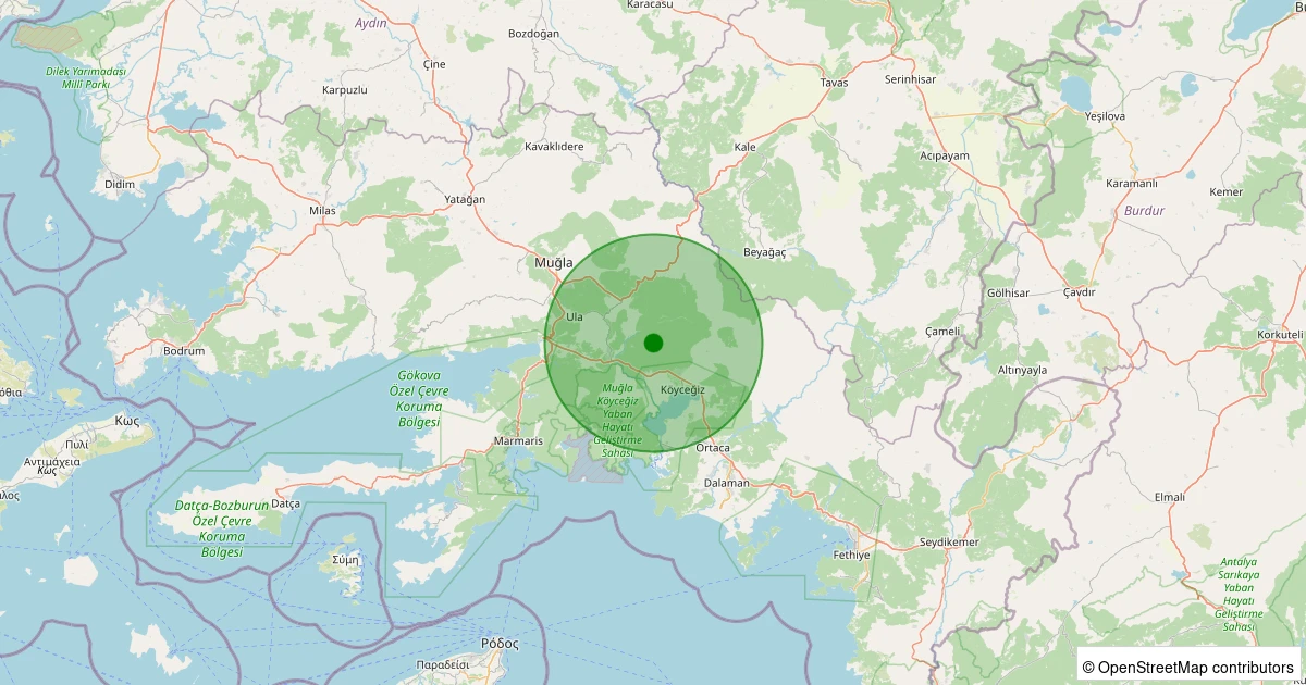 29 Ekim 2025 saat 23:23 - Köyceğiz - Balcılar - 1.40ml depreminin harita gösterimi