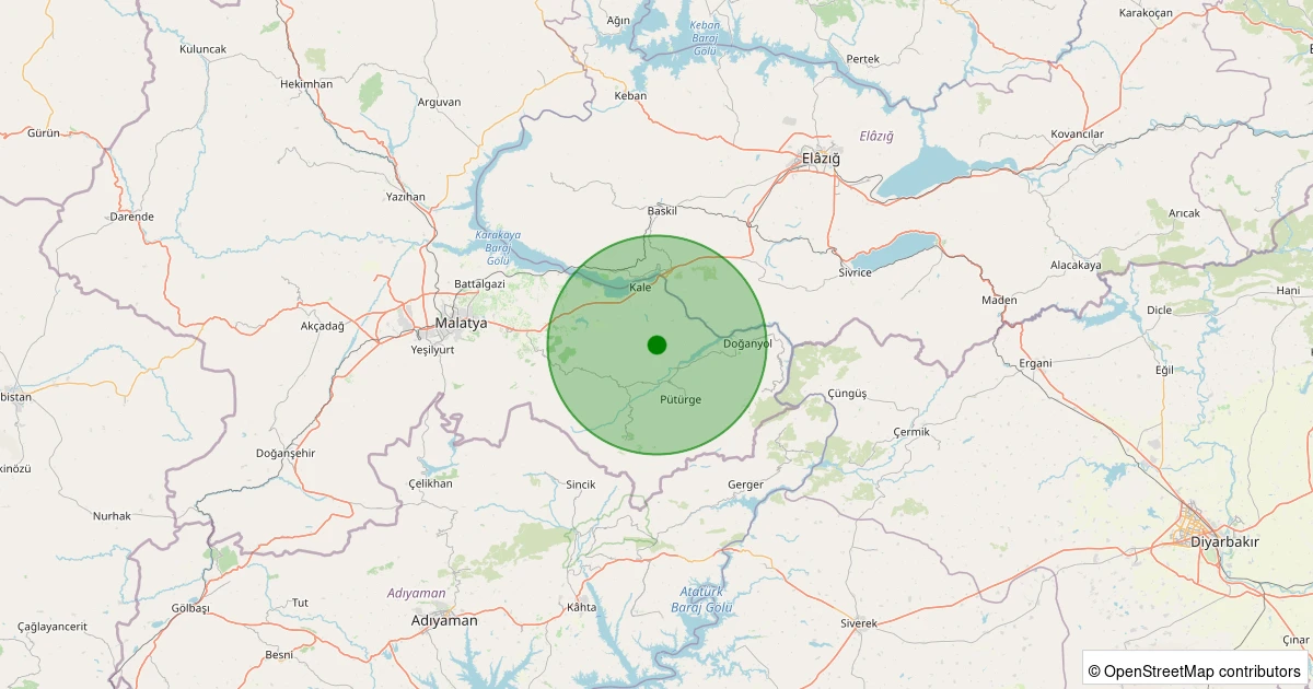 30 Ekim 2025 saat 14:54 - Pütürge - Bölükkaya Köyü - 1.10ml depreminin harita gösterimi