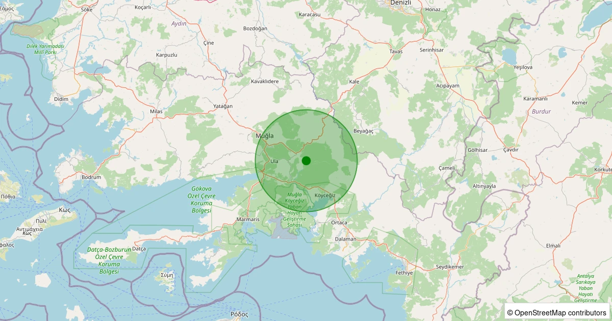 01 Kasım 2025 saat 05:03 - Ula - Kıyra - 0.90ML depreminin harita gösterimi