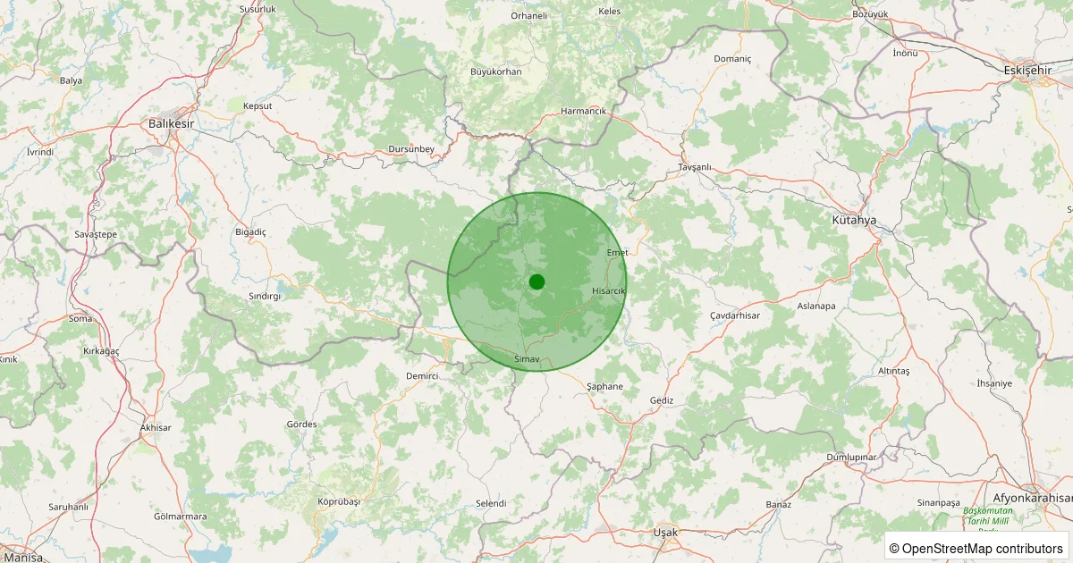 07 Ekim 2025 saat 20:47 - Simav - Yeşildere Köyü - 1.00ml depreminin harita gösterimi