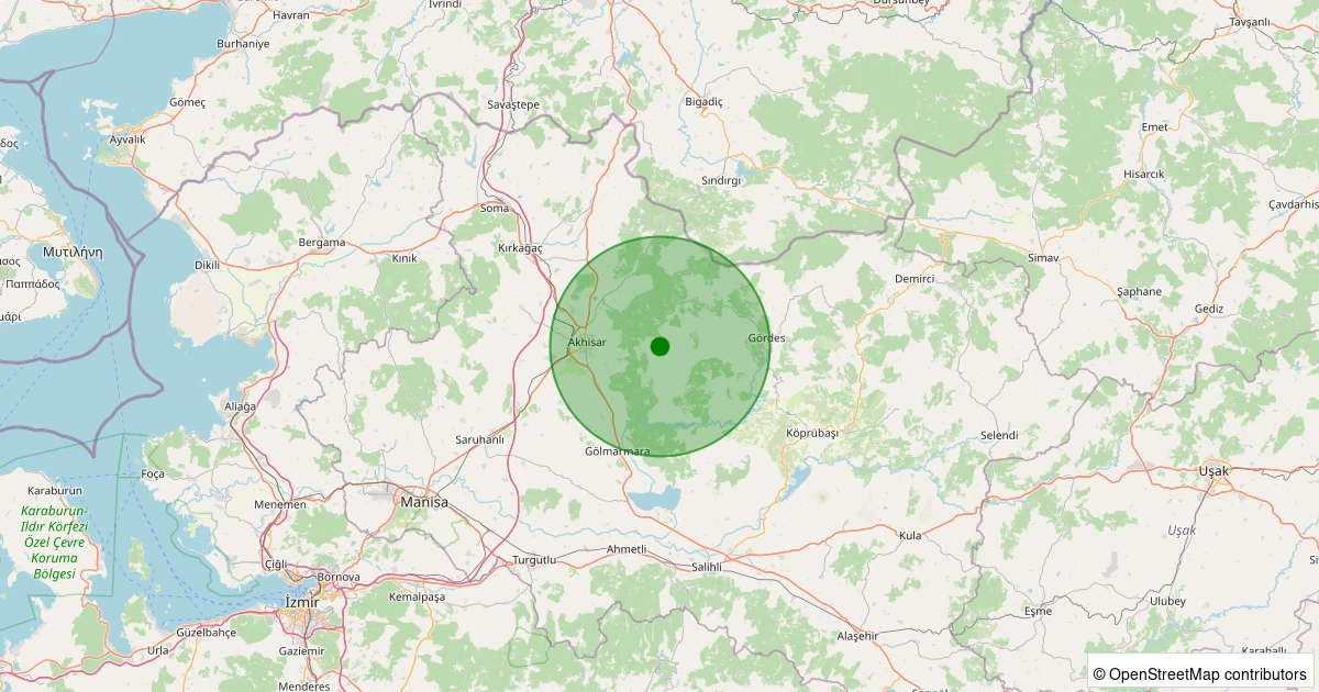 18 Ağustos 2025 saat 07:23 - Akhisar - Yayakırıldık Köyü - 1.10ml depreminin harita gösterimi