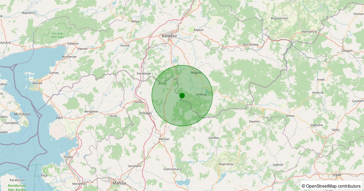 18 Ağustos 2025 saat 00:50 - Sındırgı - Eğridere - 1.50ml depreminin harita gösterimi