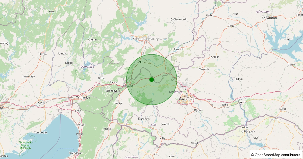 17 Ağustos 2025 saat 21:48 - Nurdağı - Şatırhüyük - 1.90ml depreminin harita gösterimi