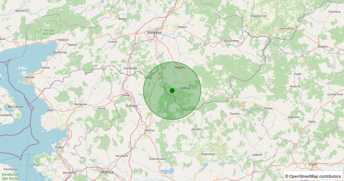 17 Ağustos 2025 saat 21:28 - Sındırgı - Alakır - 3.50ml depreminin harita gösterimi