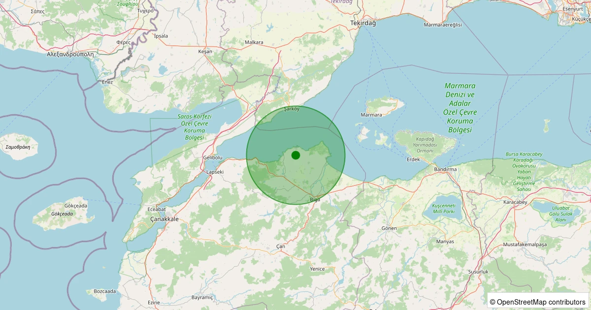 17 Ağustos 2025 saat 04:17 - Biga - Değirmencik Köyü - 2.10ml depreminin harita gösterimi