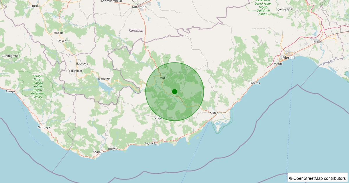 17 Ağustos 2025 saat 02:34 - Mut - Tuğrul Köyü - 1.60ml depreminin harita gösterimi