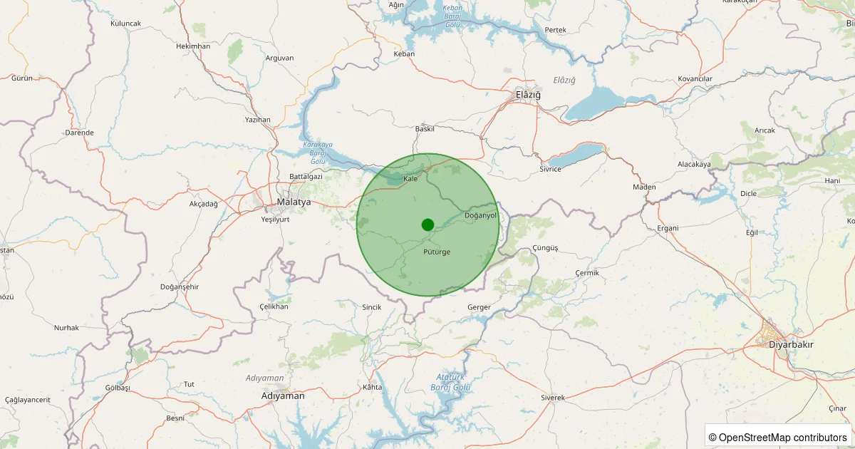 08 Ekim 2025 saat 07:09 - Pütürge - Bölükkaya Köyü - 3.60ml depreminin harita gösterimi