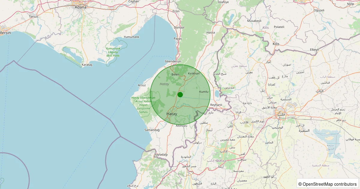 08 Ekim 2025 saat 17:34 - Antakya - Arpahan - 2.50ml depreminin harita gösterimi