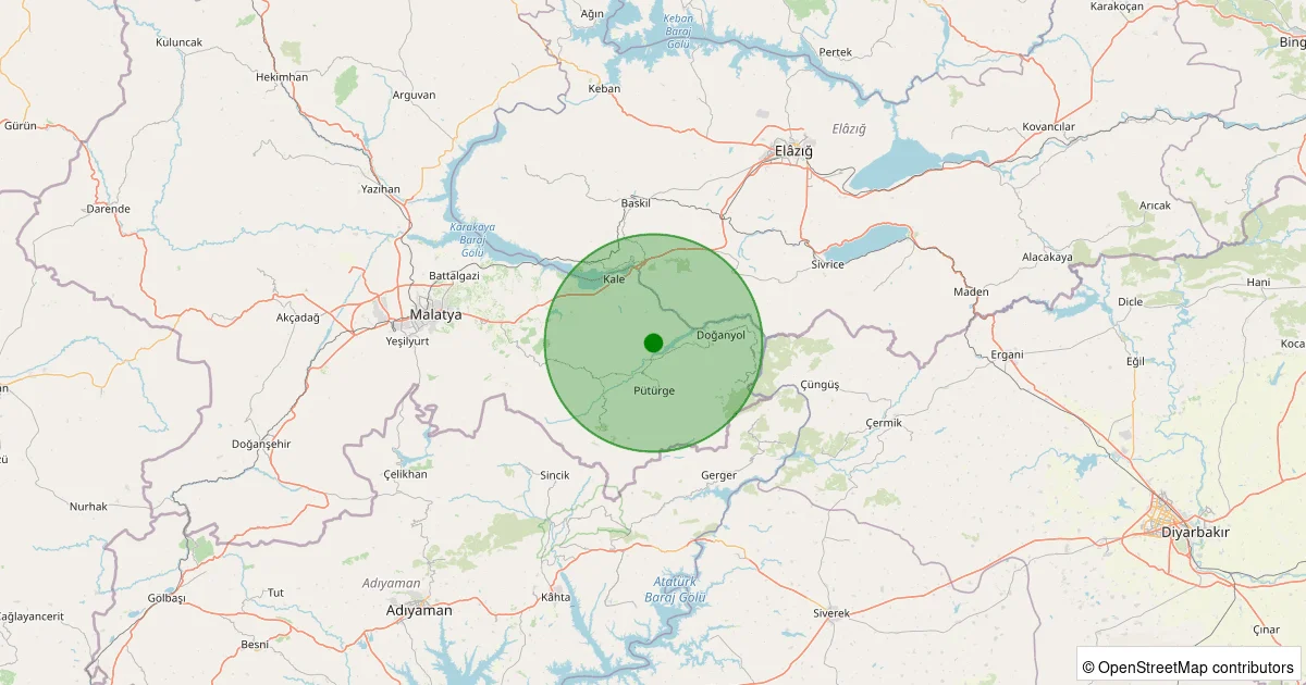 09 Ekim 2025 saat 02:28 - Pütürge - Yediyol Köyü - 0.90ML depreminin harita gösterimi