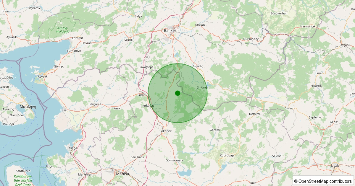 09 Kasım 2025 saat 23:14 - Kırkağaç - Dualar - 1.90ml depreminin harita gösterimi