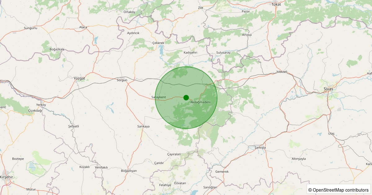 10 Kasım 2025 saat 04:21 - Akdağmadeni - Oluközü Köyü - 0.90ML depreminin harita gösterimi