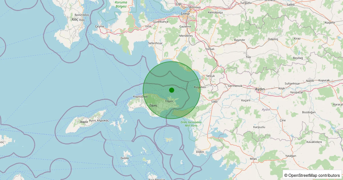 09 Ekim 2025 saat 13:24 - Ege Denizi - Kuşadası Körfezi - [21.91 km] Kuşadası (Aydın) - 1.70ML depreminin harita gösterimi