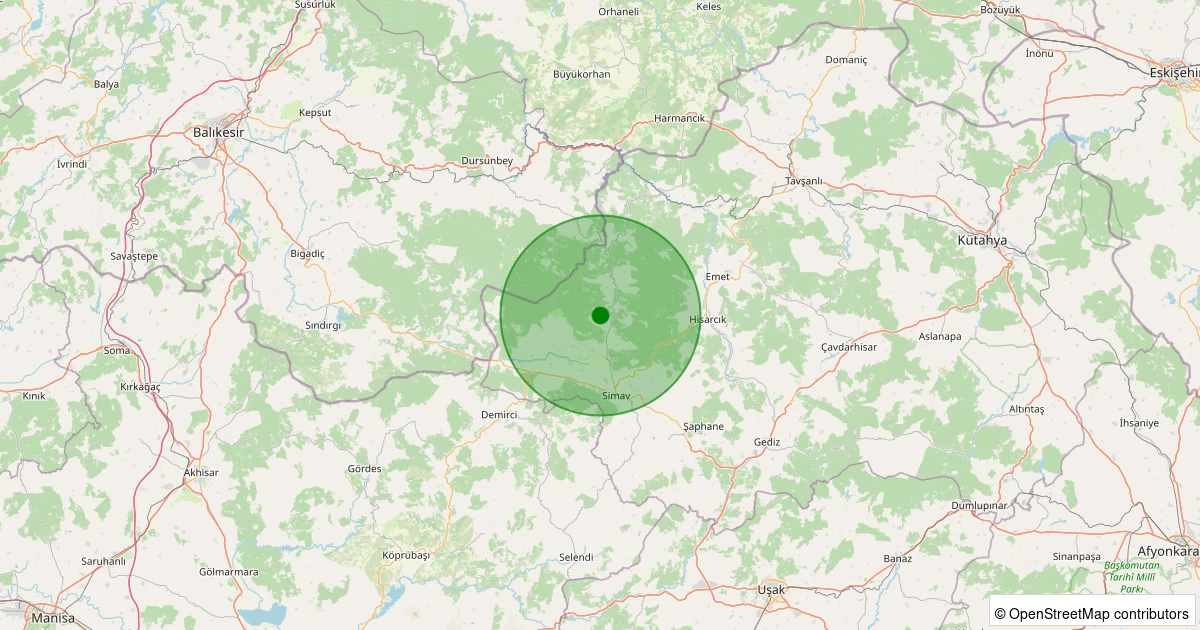 10 Kasım 2025 saat 23:30 - Simav - Karakoca Köyü - 2.60ml depreminin harita gösterimi