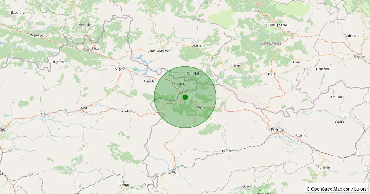 09 Ekim 2025 saat 21:26 - Refahiye - Ortagöze Köyü - 1.40ML depreminin harita gösterimi