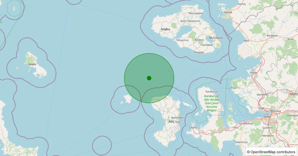 10 Ekim 2025 saat 02:32 - Ege Denizi - [52.23 km] Karaburun (İzmir) - 1.10ML depreminin harita gösterimi