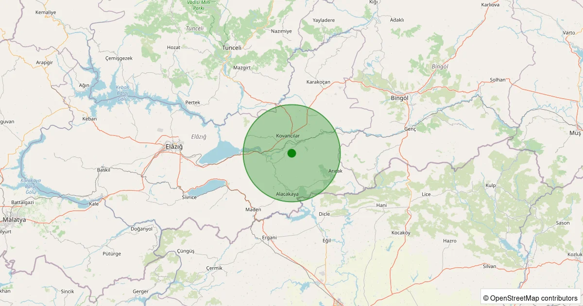 10 Ekim 2025 saat 02:59 - Palu - Üçdeğirmenler Köyü - 1.30ml depreminin harita gösterimi