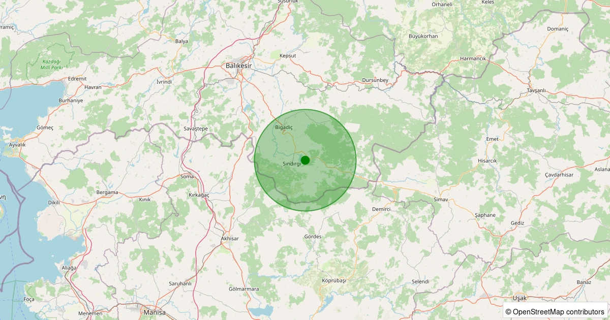 12 Kasım 2025 saat 12:45 - Sındırgı - Yolcupınar - 1.90ml depreminin harita gösterimi