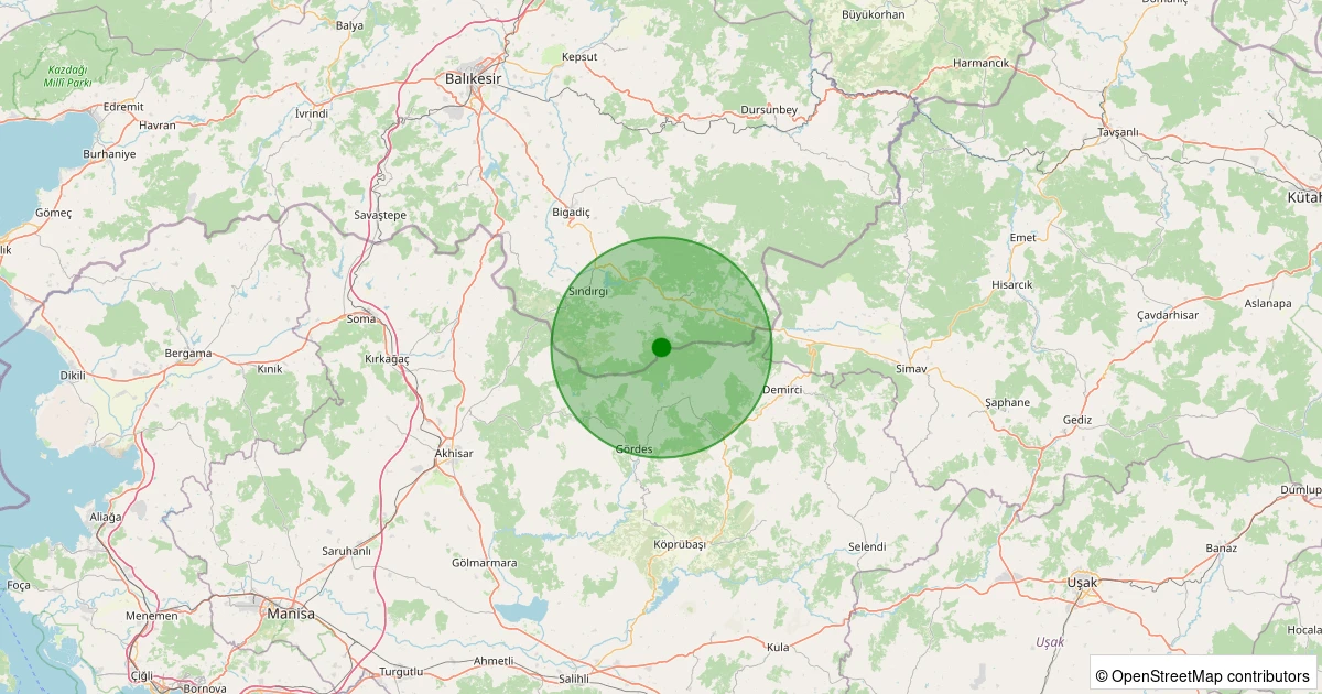 12 Kasım 2025 saat 13:40 - Sındırgı - Yaylabayır - 1.10ml depreminin harita gösterimi