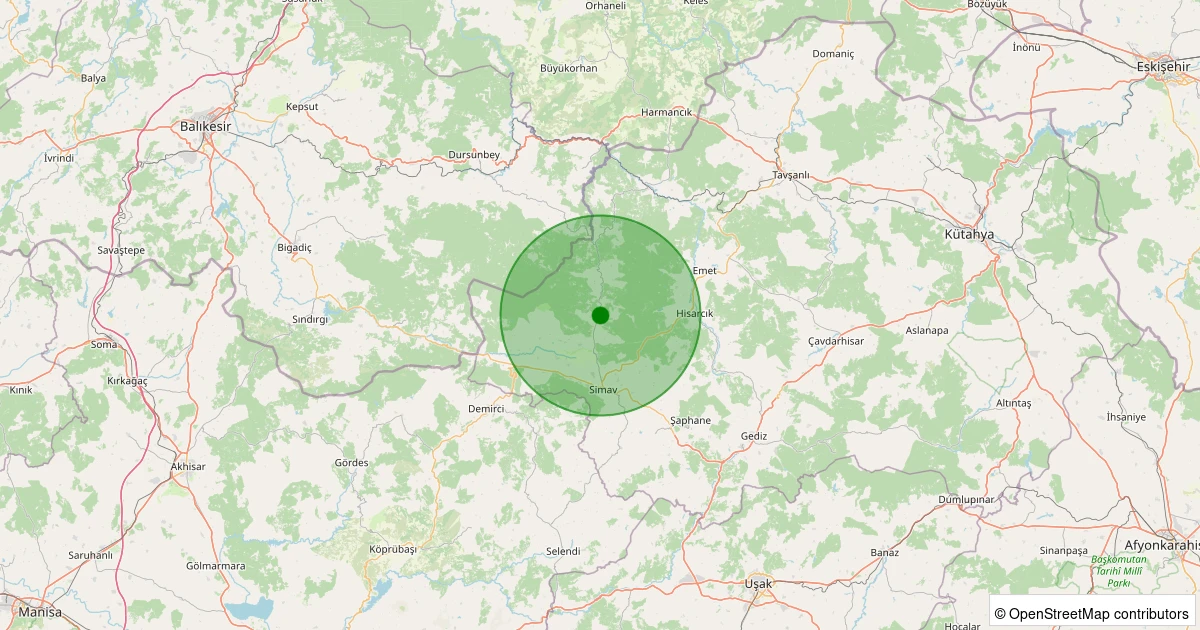 12 Kasım 2025 saat 21:27 - Simav - Yemişli Köyü - 1.30ml depreminin harita gösterimi